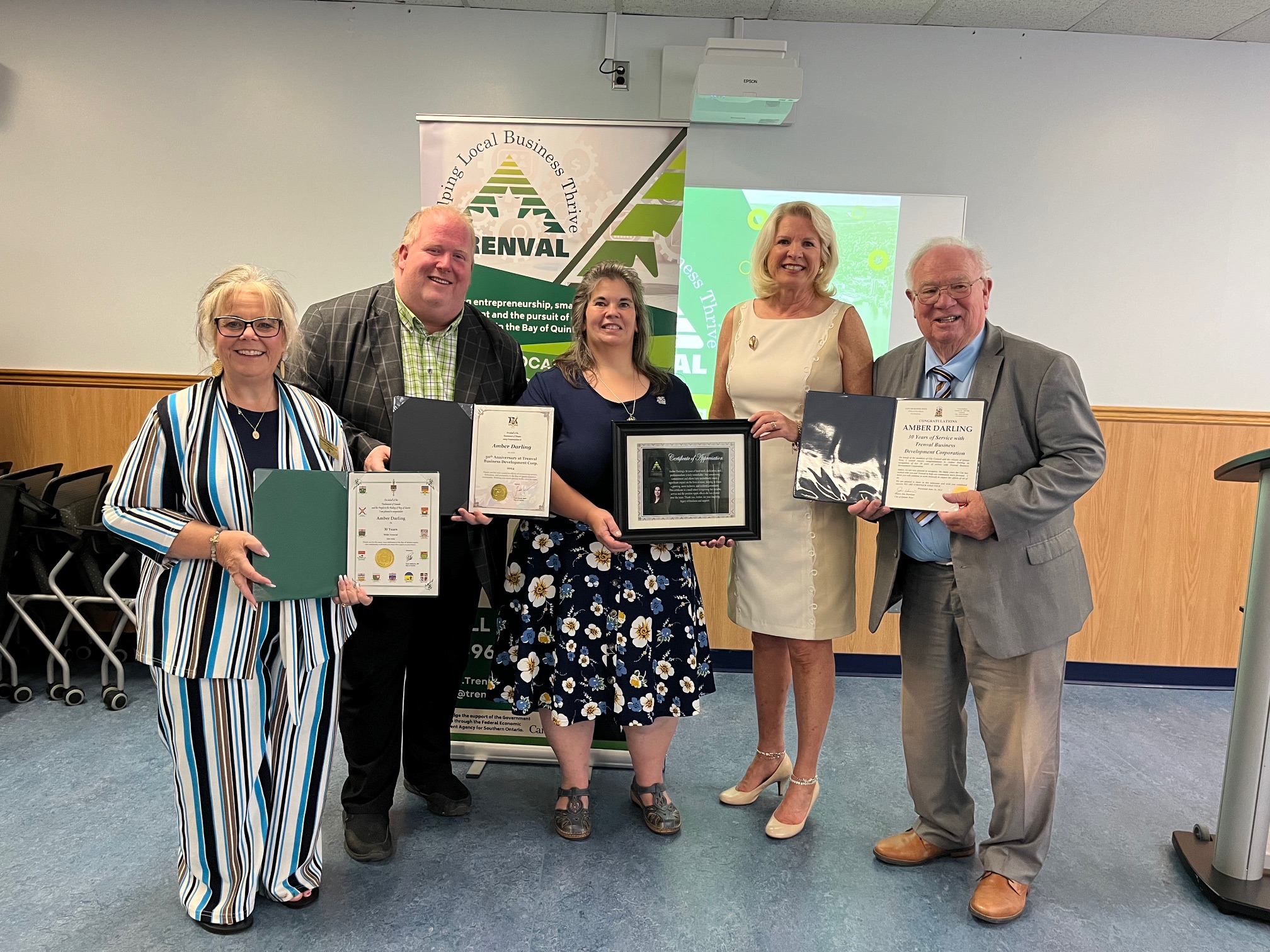 L-R Barbara Enright Miller (City of Belleville), Adam Bramburger (MPP Todd Smith), Amber Darling, Trenval, Joanna March, Trenval Chair, Mayor Jim Harrison (Quinte West)